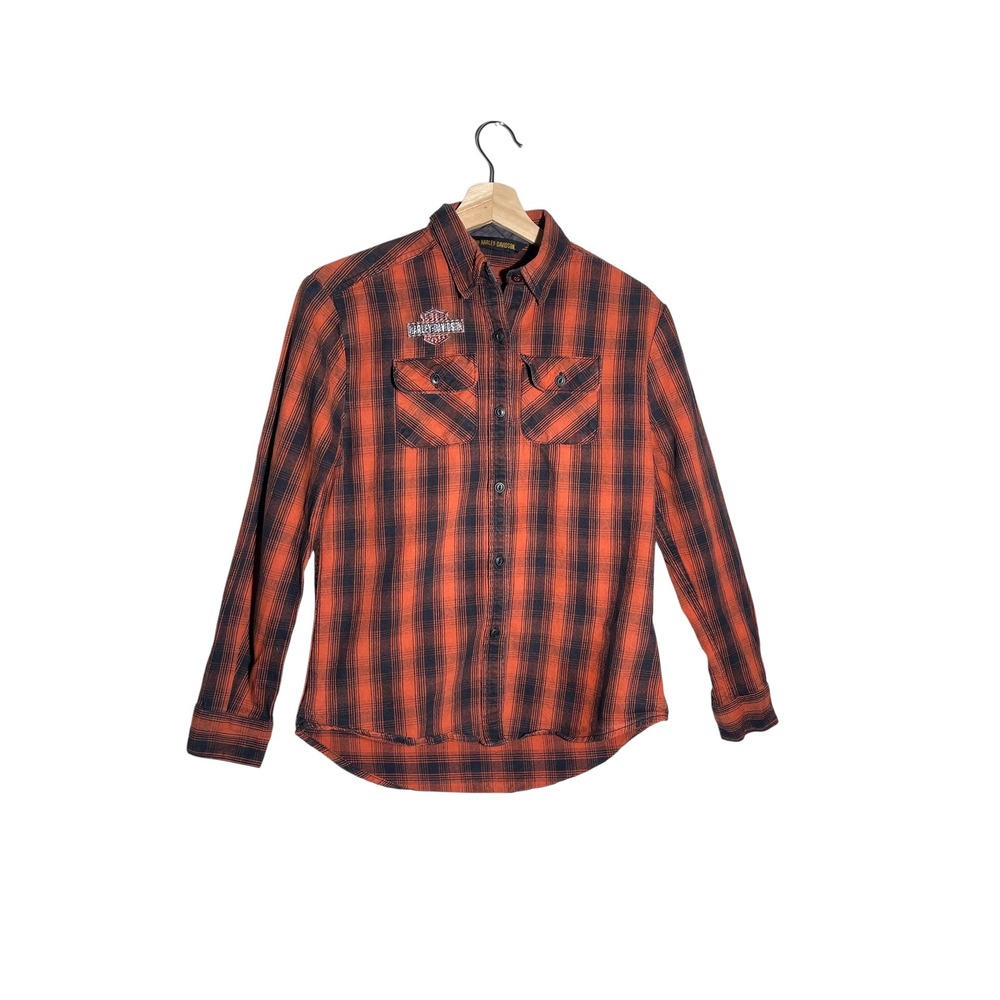 Harley Davidson Womens Plaid Button Down Shirt Long Sleeve Orange‎ Black XS